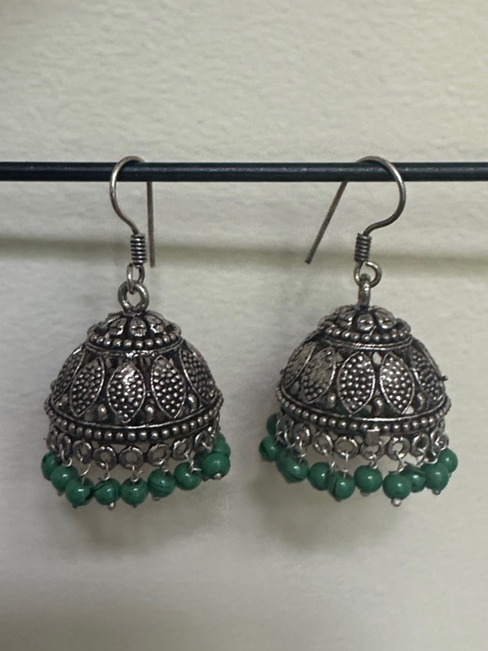 Oxidated Silver-Plated Green Beaded Jhumka Earrings - See Video!